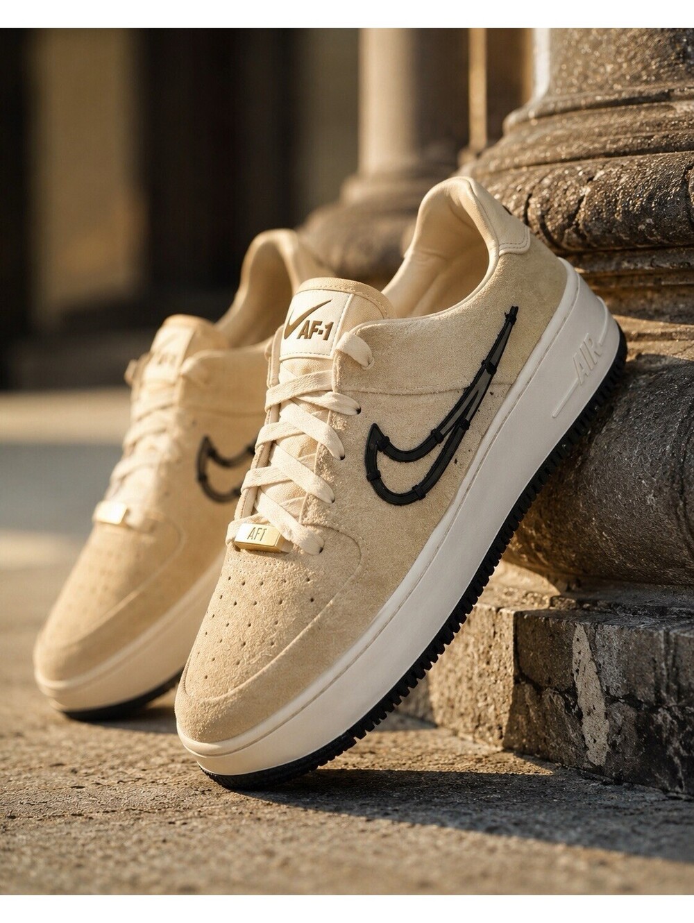 Nike Air Force 1 Sage Low LX Cream Black Gold Suede Platform Women's Sz 8.5